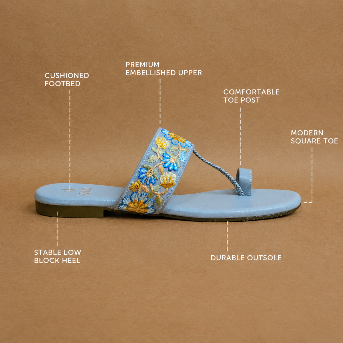 QAVO - The Fiore Floral Embroidered Toe-Loop Sandals