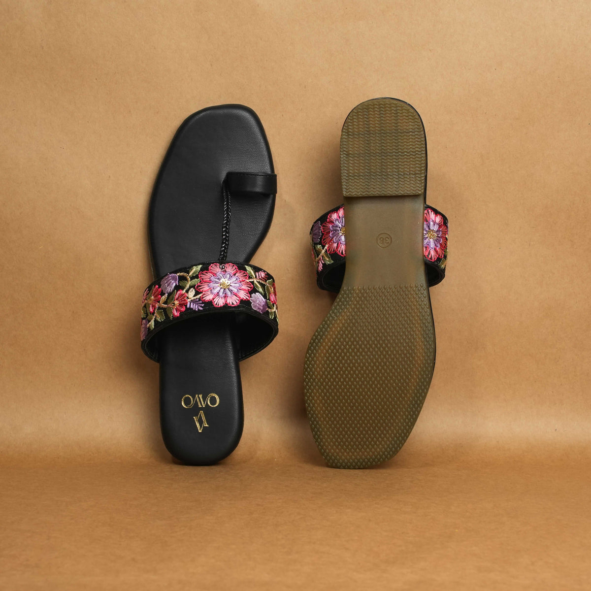 QAVO - The Fiore Floral Embroidered Toe-Loop Sandals