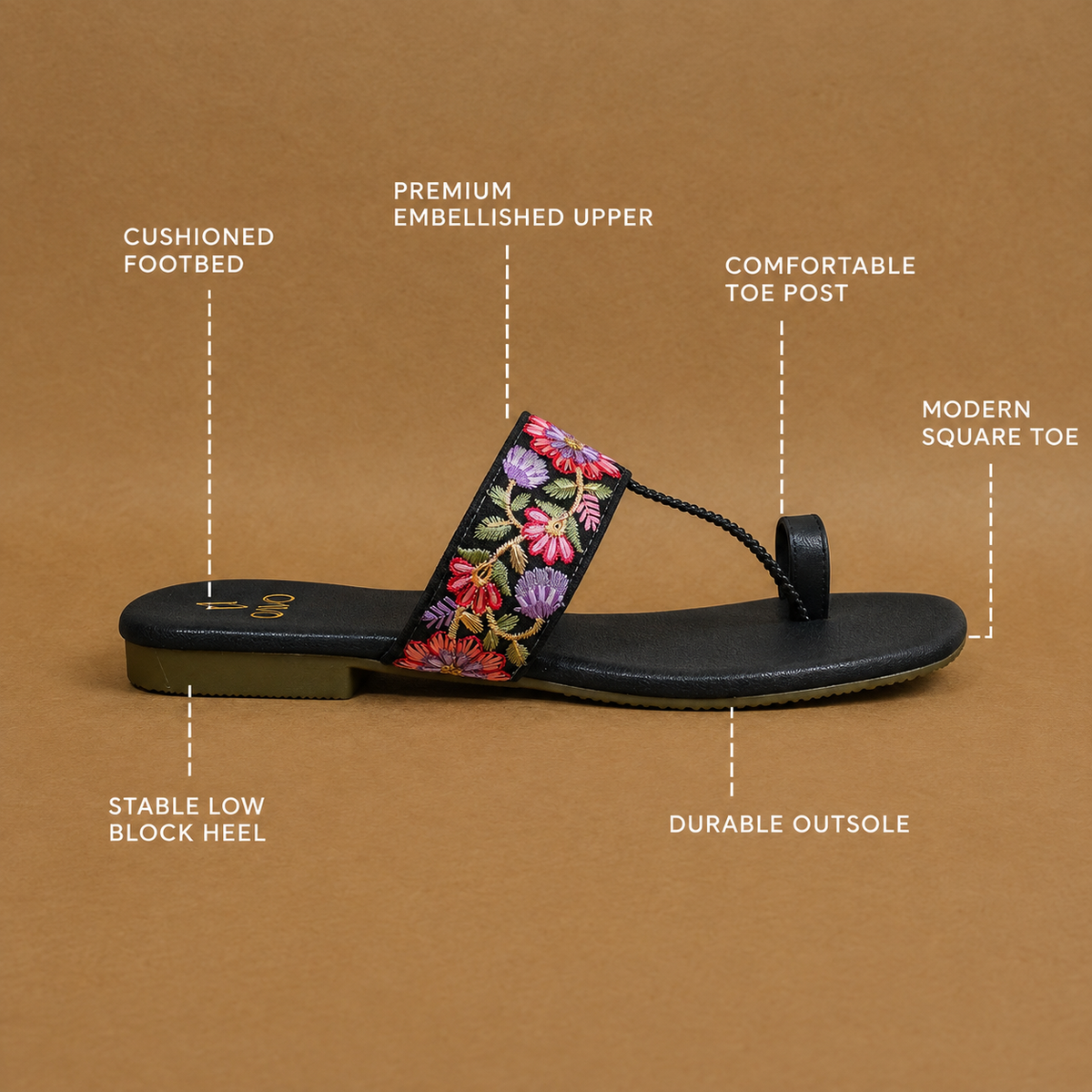 QAVO - The Fiore Floral Embroidered Toe-Loop Sandals